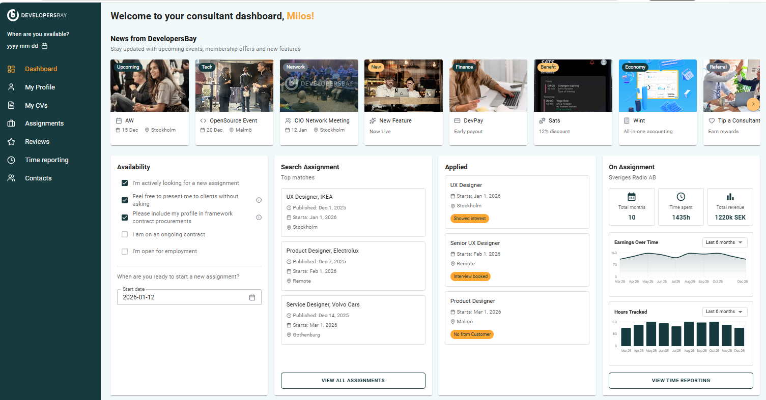 DevelopersBay consultant dashboard showing news, availability, assignments and statistics.