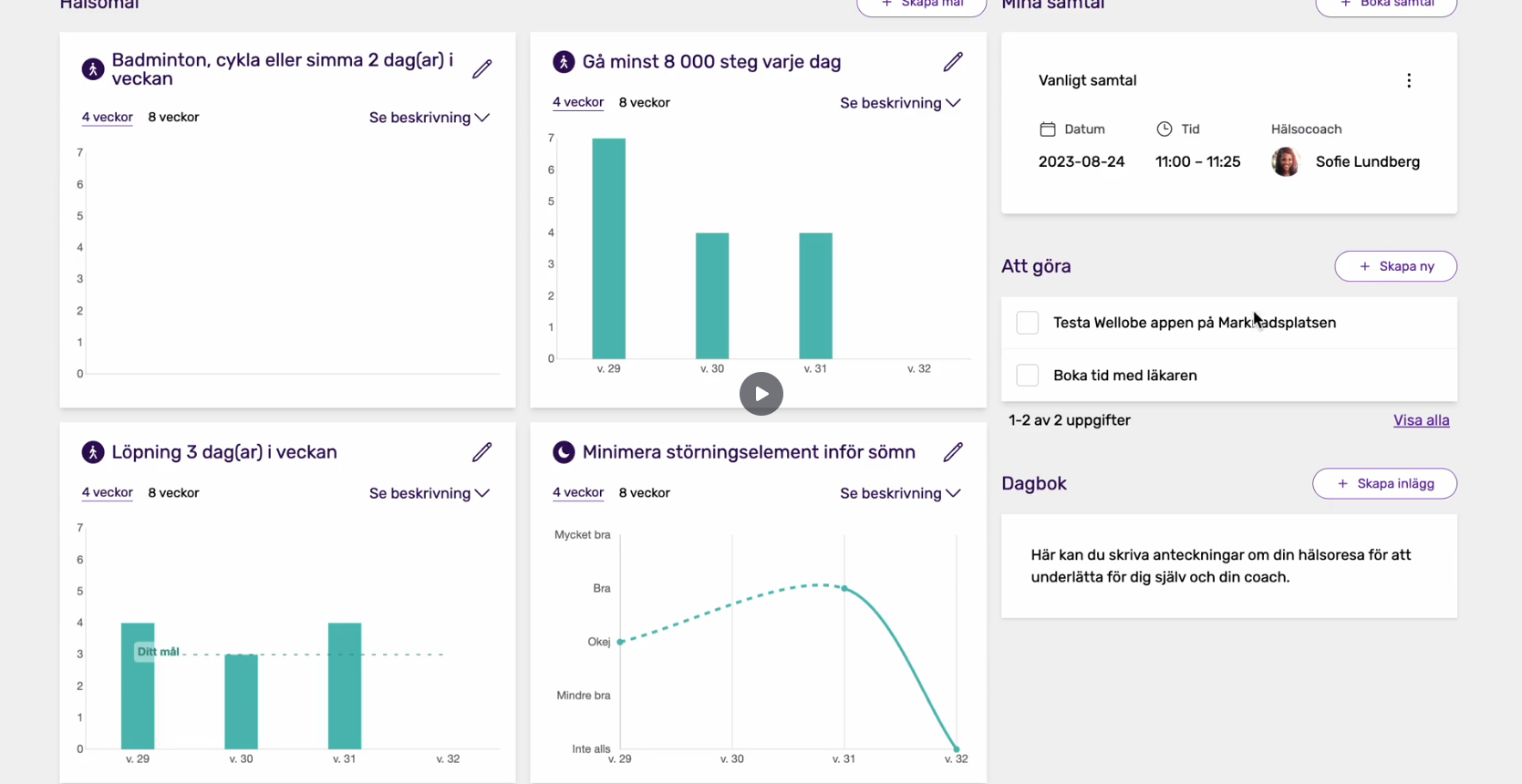 Screenshot of health goals, progression, and follow-up in Health Integrator.